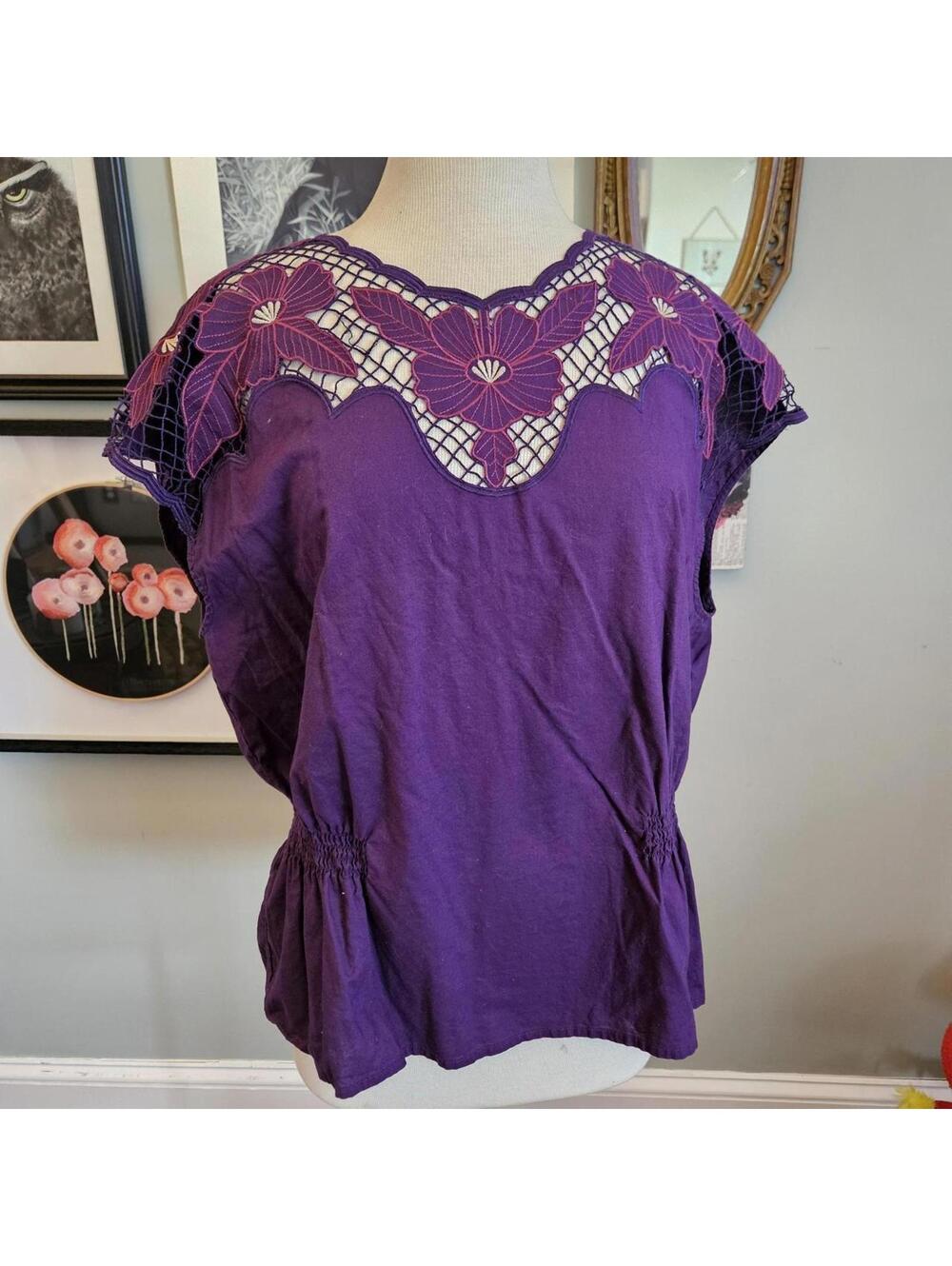 Vintage Route 66 Purple Top, Lace Floral Cut Out Embroidery